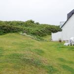 Lawn with grass, white garden furniture, and hedge with flowers.