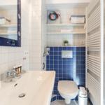 Bathroom with sink, toilet, and blue tiles