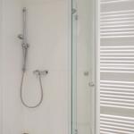 Shower with glass enclosure and handheld shower, next to heater.