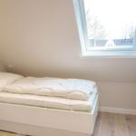 Bedroom with skylight and white bed.