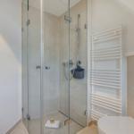 Dusche mit Glaswand, Heizkörper und Toilette