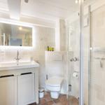 Bathroom with shower, toilet, and sink.