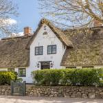 House with thatched roof, white walls, green hedges, and stone wall.