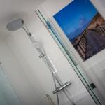 Shower with glass enclosure and wall art