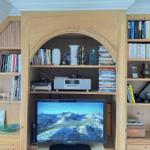 Holzregal mit Fernseher, Büchern und Medien