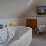 Bath with whirlpool, toilet, and TV mounted on the wall