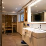 Bathroom with shower, sink, and sauna in the background.