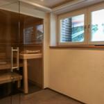 Sauna with glass wall and benches. Window shows landscape.