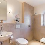 Bathroom with shower, sink, and toilet. Window with arched frame.