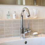 Waschbecken mit modernem Wasserhahn und Flaschen auf der Ablage.