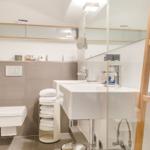 Bathroom with sink, toilet, and shower area.
