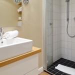 Bathroom with shower and sink on wooden countertop.
