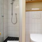 Shower with glass door, toilet, and sink with wooden countertop.