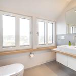 Bathroom with windows, sink, and toilet.