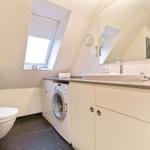 Badezimmer mit Waschmaschine, Waschtisch und Duschbereich unter Dachschrägen.