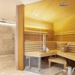 Sauna mit Holzbank und Dusche im Anschluss