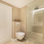 Badezimmer mit Dusche, Toilette und Waschtisch
