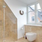 Dusche mit Glaswand, Toilette und Fenster mit Blick auf Dach