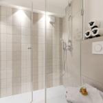 Shower with glass enclosure, shower head, and toilet paper holder
