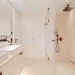 Bathroom with shower, sinks, and mirror cabinet.