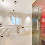 Bathroom with shower, bathtub, and sauna.