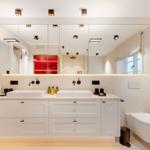 Double sink with mirrors and toilet in modern bathroom setup.