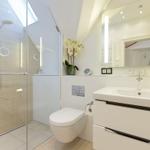 Bathroom with shower, toilet, and sink