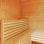 Holzsauna mit Sitzbänken und einer Bank im Hintergrund.