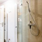 Shower with glass enclosure and handheld shower. White door and heater visible.