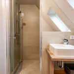 Shower with glass enclosure and sink under sloped ceiling.