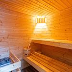Sauna mit Holzbank, Steinofen und Eimer