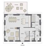 This house has a living and dining area, kitchen, sauna, and terrace.