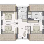 Finished floor plan with three bedrooms, two bathrooms, and hallway.
