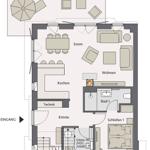 Apartment with kitchen, dining area, living room, bedroom, and bathroom.
