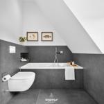 Bathroom with shower, bathtub, and toilet under sloped ceiling.