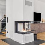 Living area with fireplace, TV, and view into bedroom
