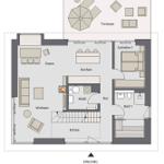 Ground floor with living, dining, kitchen, bedroom, bathroom, and terrace.