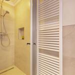 Shower with showerhead, built-in shelf, and heater.