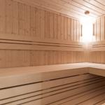Holzsauna mit mehreren Sitzreihen und Stein im Ecke.