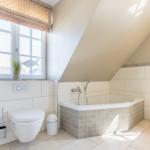 Bathroom with bathtub, toilet, and window with roller blind.