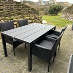 Gartenmöbel mit Tisch und vier Stühlen auf Steinplatten.