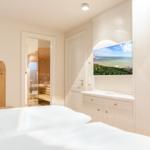 Bedroom with bed, TV, and view into the sauna.