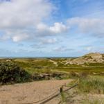 Wanderweg durch Dünenlandschaft mit Blick auf das Meer unter blauem Himmel.