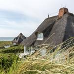 Dorfhaus mit Strohdach und Meerblick durch Gräser