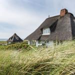 Haus mit Strohdach, Blick aufs Meer und hohe Gräser im Vordergrund.