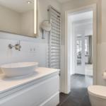 Bathroom with sink, mirror, and toilet. Corridor to living area.