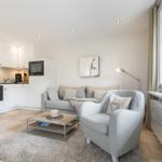 Living and kitchen area with sofa, armchair, and kitchen appliances.