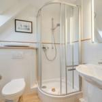 Bathroom with shower, sink and toilet under sloped ceiling.