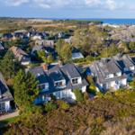 Häuser mit Dächern und Gärten, Blick auf Meer und Hafen.