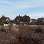 Häuser mit Strohdächern und modernen Gebäuden in einer Heide